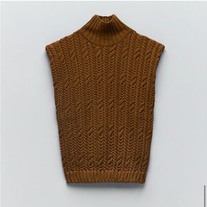 Zara Brown Cable Knit Sleeveless Turtleneck Sweater Top